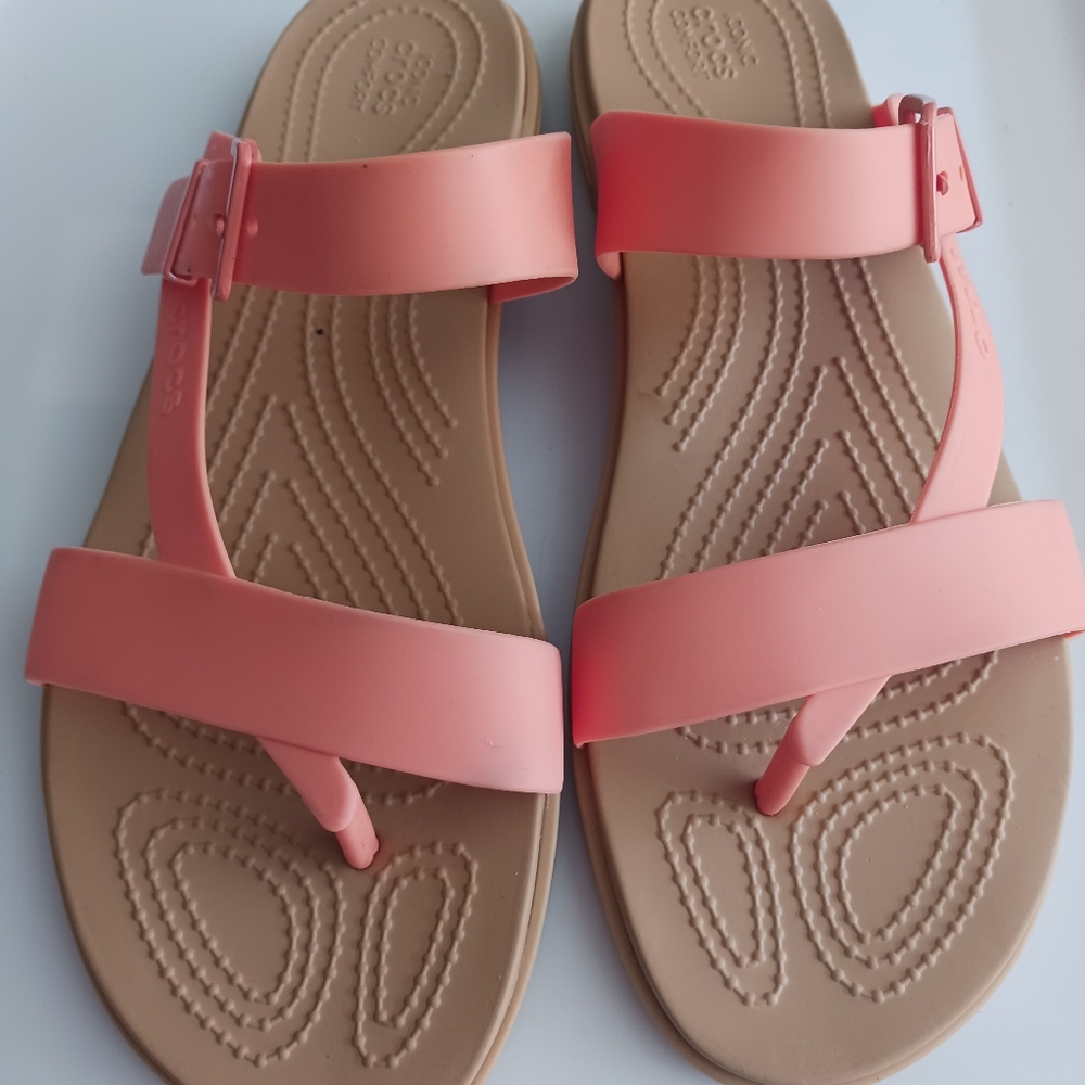 CROCS woman's tan/light orange slip on sandals Size 11